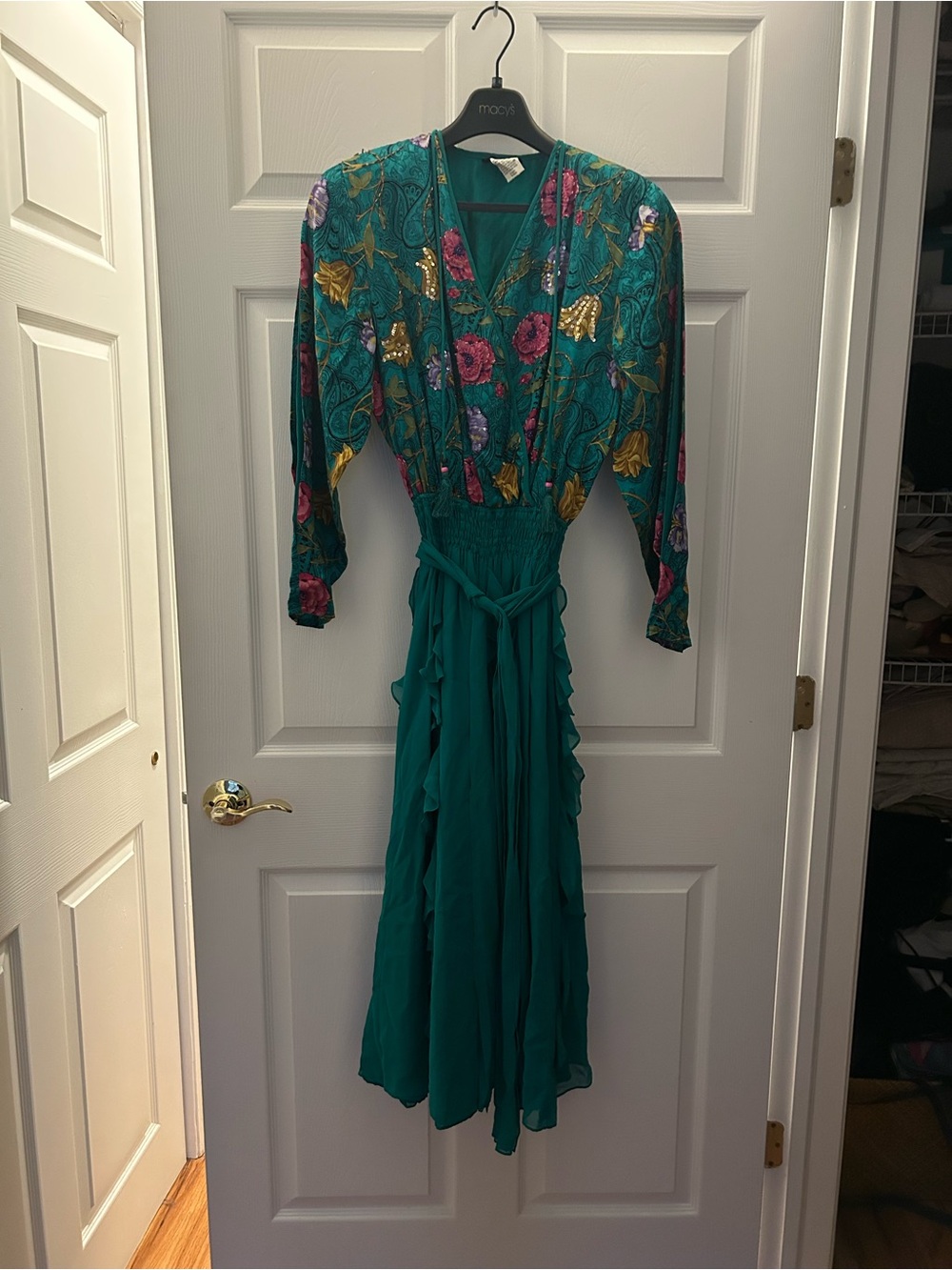 Diane Fries teal Floral V-Neck Long Sleeve silk Maxi Dress
